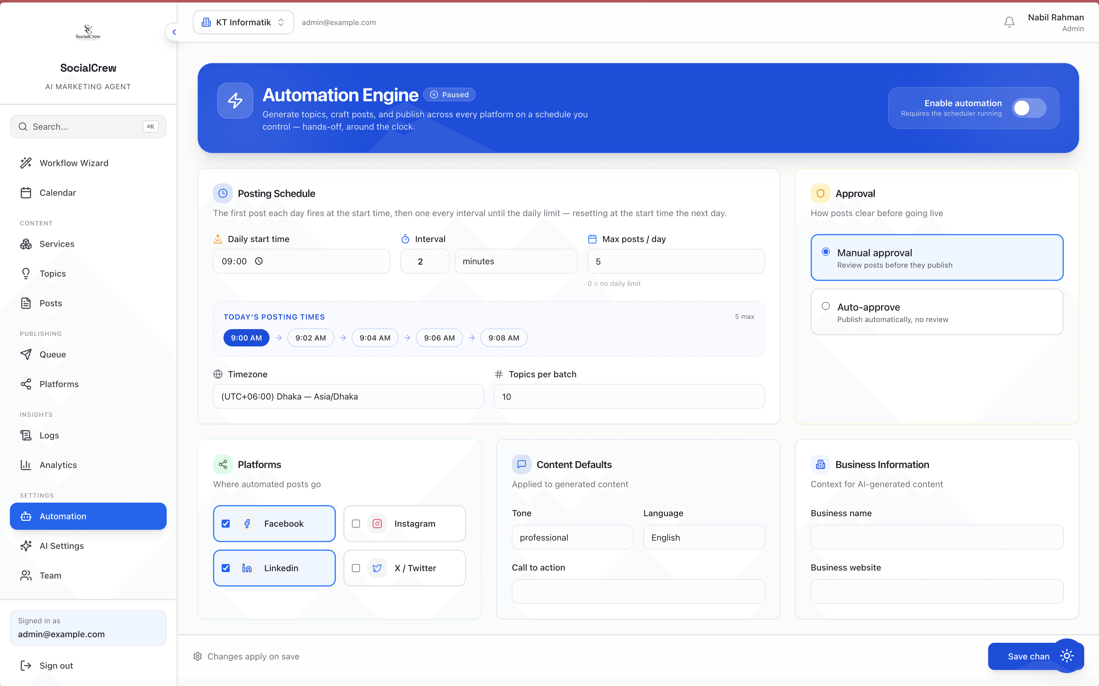 Automation scheduling settings