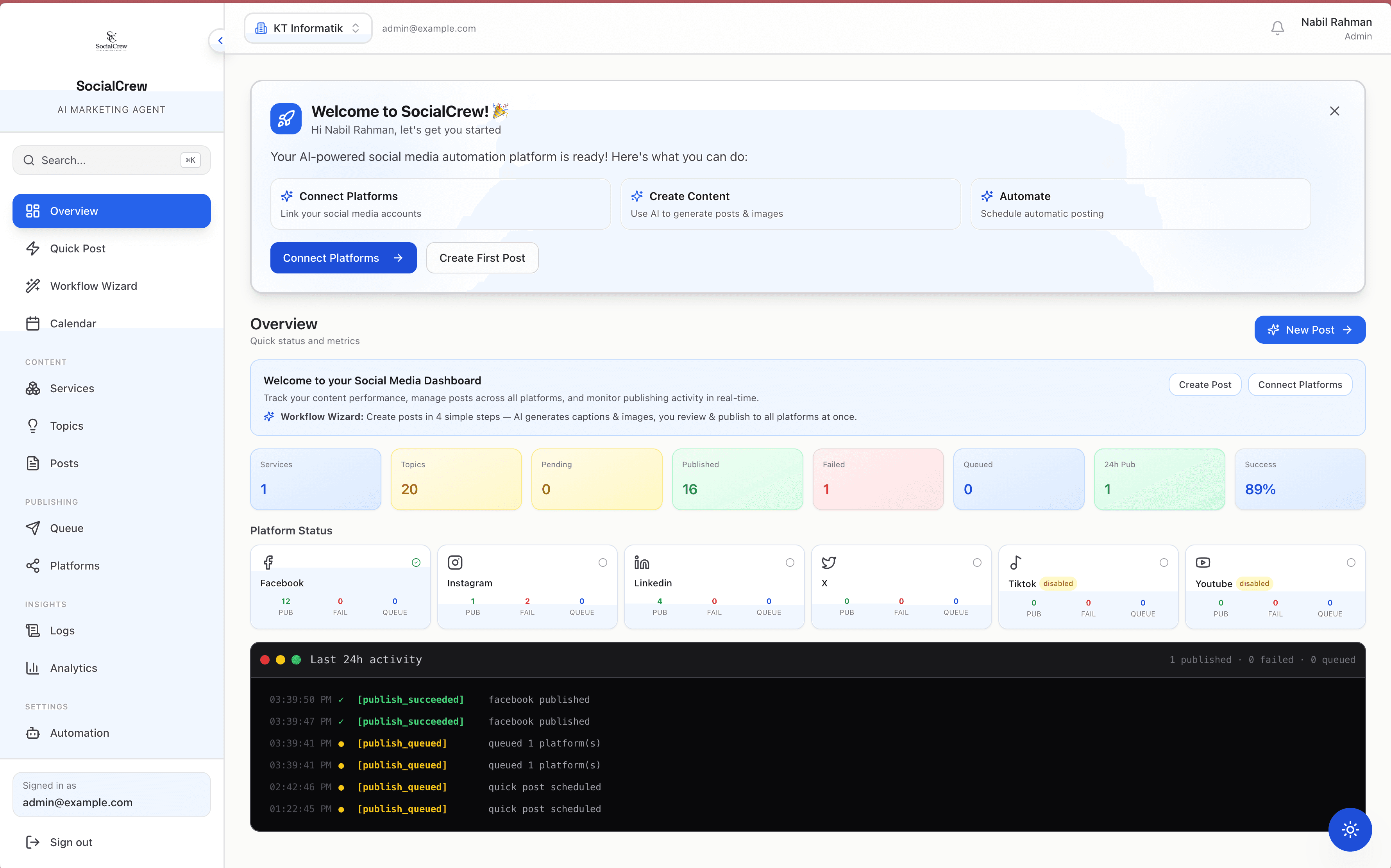SocialCrew automation overview dashboard