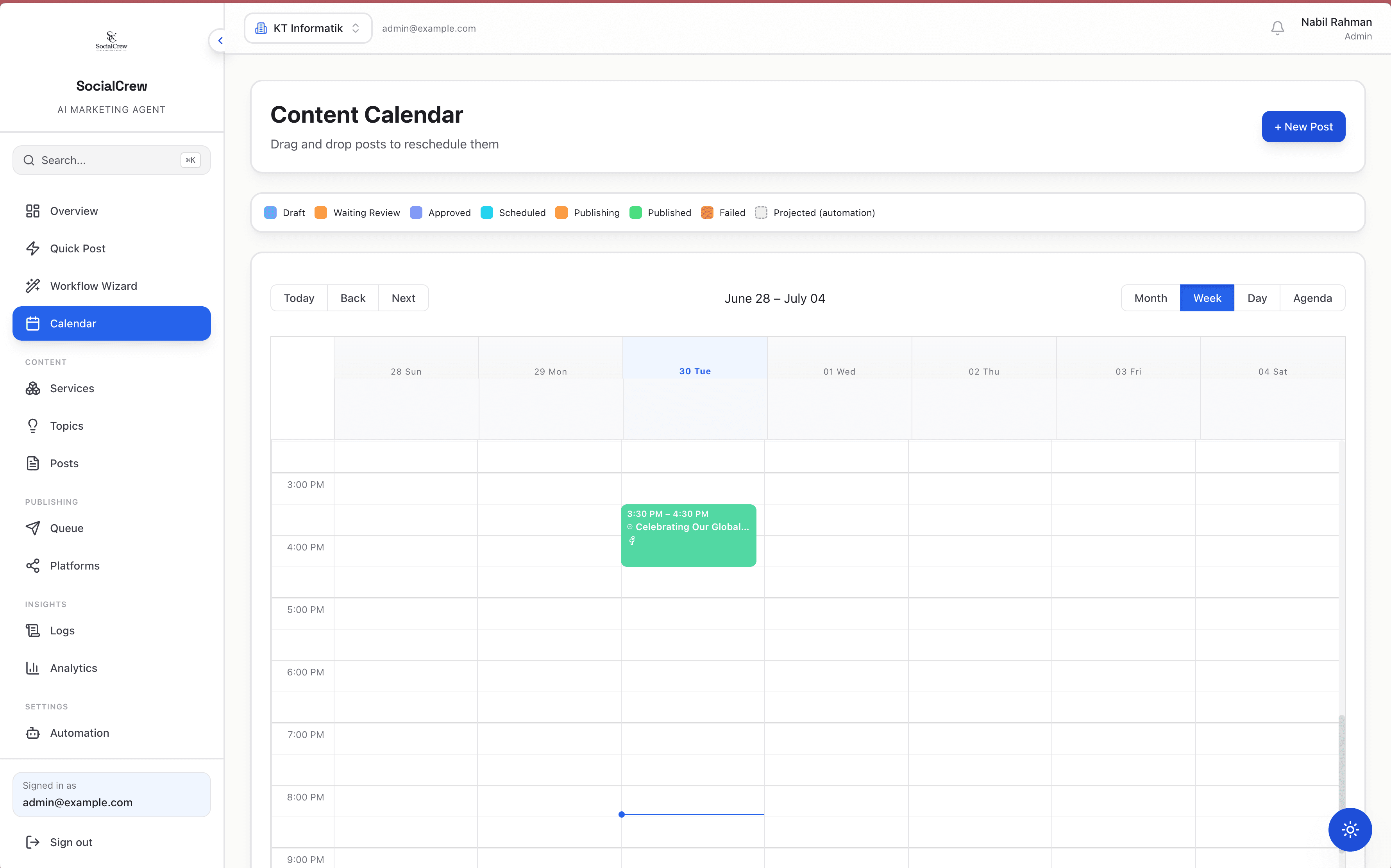 Content calendar showing scheduled and published posts across platforms